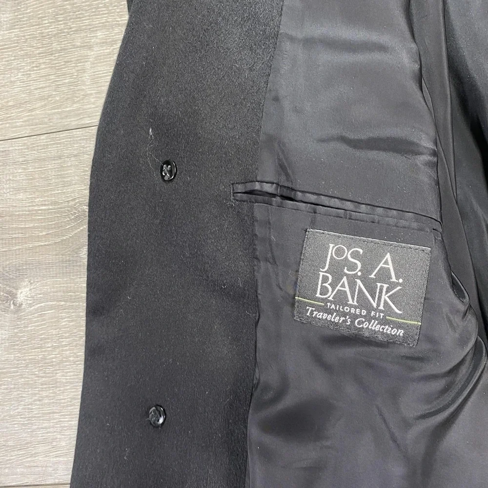 Jos A Bank Cashmere Topcoat Men 44L Black‎ 3 Button Tailored Traveler's Overcoat